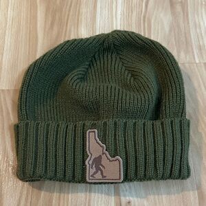 Olive Green Knit Beanie with Bigfoot Idaho Patch